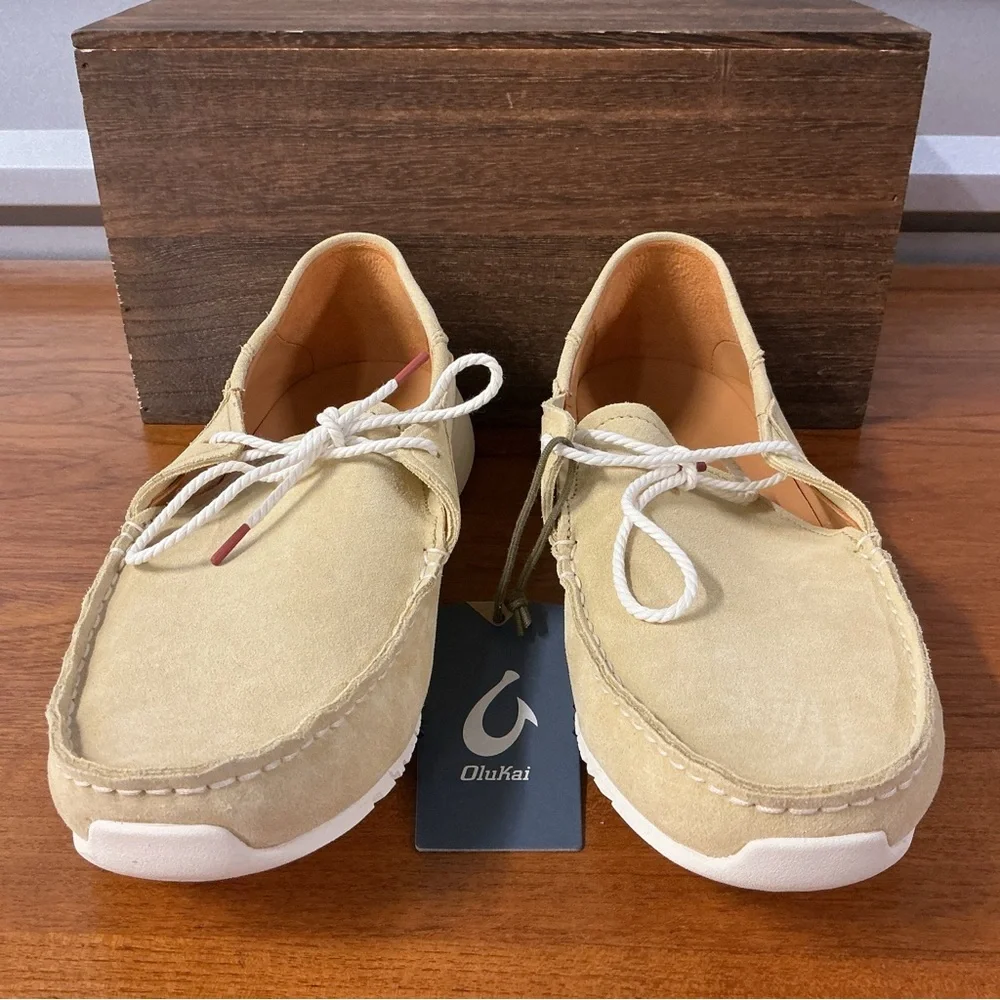 Olukai Men Ka’a Tan Leather Moc Toe Lace Up Driver Loafer Size 11.5